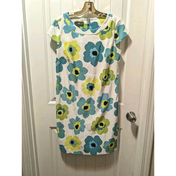 AGB 60s Style Cap Sleeve White Teal Floral Shift Dress Spring Summer Size 8 - Picture 1 of 8